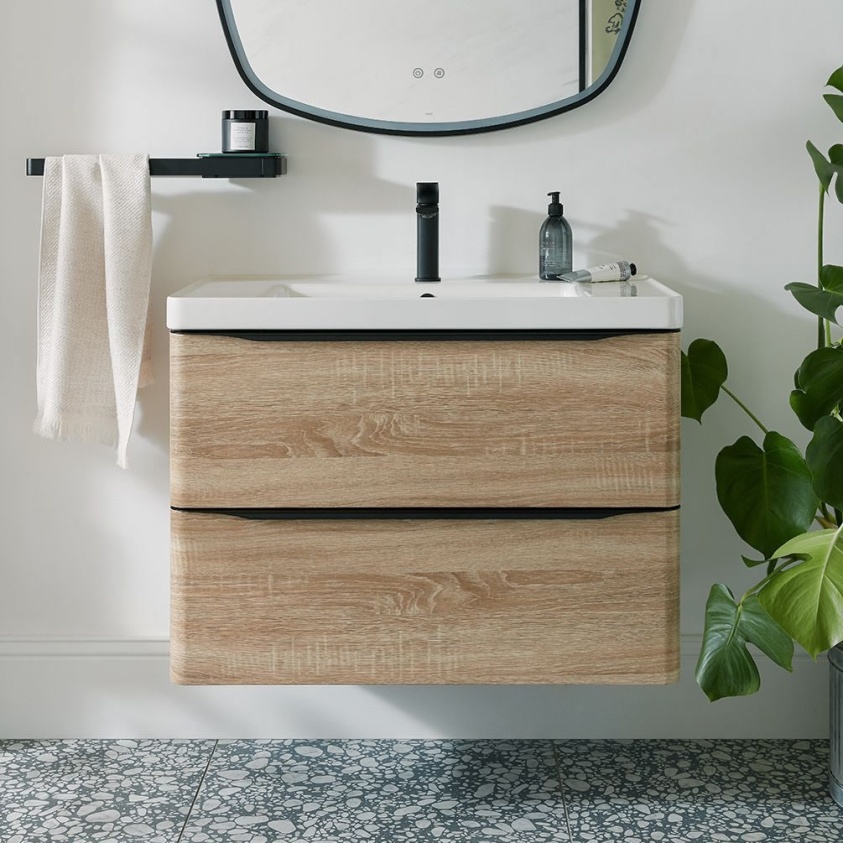 Vado Cameo 800mm Natural Oak Wall Hung 2 Drawer Vanity Unit - Lifestyle Image 1